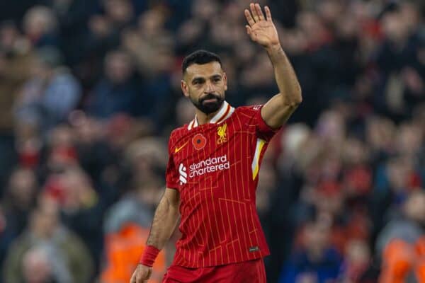 LIVERPOOL, ENGLAND - Saturday, November 9, 2024: Liverpool's goal-scorer Mohamed Salah celebrates after the FA Premier League match between Liverpool FC and Aston Villa FC at Anfield. Liverpool won 2-0. (Photo by David Rawcliffe/Propaganda)