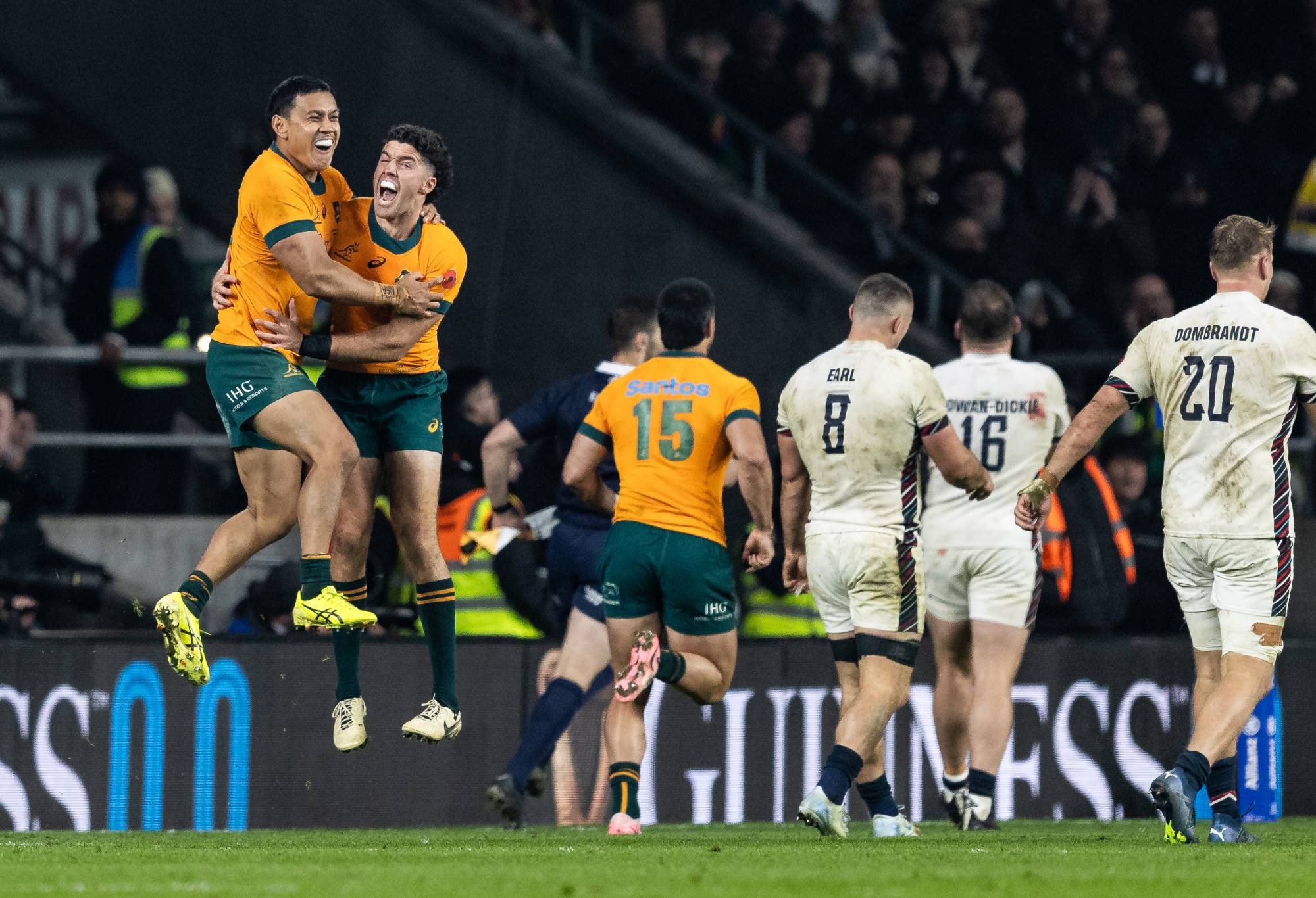 Australia's Len Ikitau (left) and Ben Donaldson celebrate a late try scored by team mate Max Jorgensen during the Autumn Nations Series 2025 match between England and Australia at Allianz Stadium on November 09, 2024 in London, England. (Photo by Andrew Kearns - CameraSport via Getty Images)