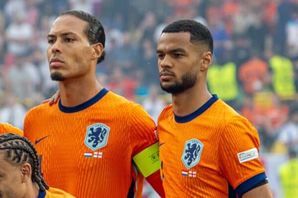 DORTMUND, GERMANY - Wednesday, July 10, 2024: Netherlands players line-up for a team group photograph before the UEFA Euro 2024 Semi-Final match between Netherlands and England at the Westfalenstadion. Back row L-R: goalkeeper Bart Verbruggen, Denzel Dumfries, Stefan de Vrij, Jerdy Schouten, captain Virgil van Dijk, Cody Gakpo. Front row L-R: Memphis Depay, Tijjani Reijnders, Nathan Aké, Donyell Malen, Xavi Simons. (Photo by David Rawcliffe/Propaganda)