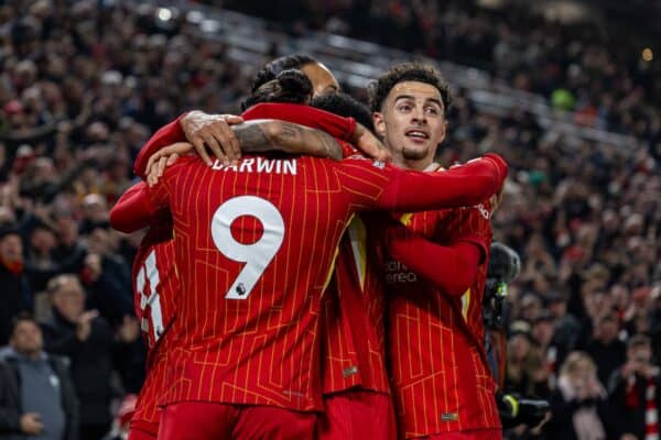 LIVERPOOL, ENGLAND - Saturday, November 9, 2024: Liverpool's Darwin Núñez (#9) celebrates with team-mate Curtis Jones (R) after scoring the opening goal during the FA Premier League match between Liverpool FC and Aston Villa FC at Anfield. Liverpool won 2-0. (Photo by David Rawcliffe/Propaganda)