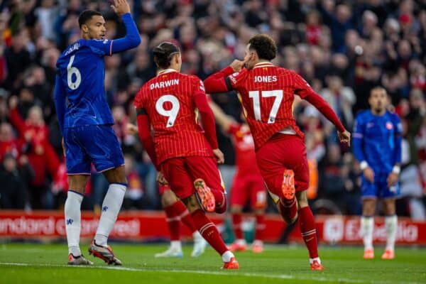 LIVERPOOL, ENGLAND - Saturday, October 19, 2024: Liverpool's Curtis Jones celebrates after scoring the second goal during the FA Premier League match between Liverpool FC and Chelsea FC at Anfield. (Photo by David Rawcliffe/Propaganda)