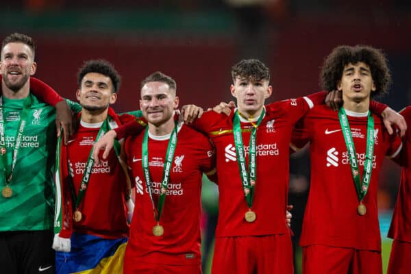 LONDON, ENGLAND - Sunday, February 25, 2024: Liverpool's Luis Díaz, Alexis Mac Allister, Lewis Koumas and Jayden Danns celebrate after the Football League Cup Final match between Chelsea FC and Liverpool FC at Wembley Stadium. Liverpool won 1-0 after extra-time. (Photo by David Rawcliffe/Propaganda)