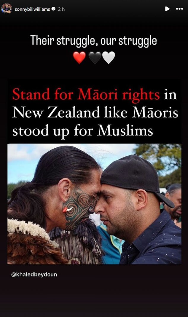 Williams re-shared a post from @Khaeledbeydoun on his Instagram story, writing: 'Stand for Maori rights in New Zealand like Maoris stood up for Muslims'