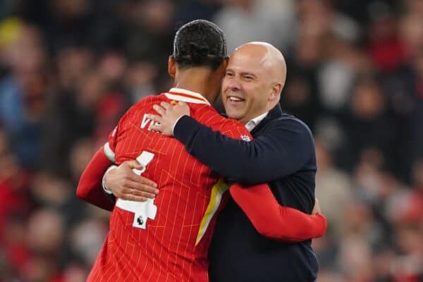 Liverpool manager Arne Slot and Liverpool's Virgil van Dijk (left) celebrates after the Premier League match at Anfield vs. Chelsea, Liverpool. Picture date: Sunday October 20, 2024.