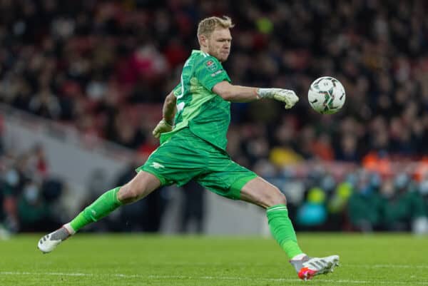 LONDON, ENGLAND - Thursday, January 20, 2022: Arsenal's goalkeeper Aaron Ramsdale during the Football League Cup Semi-Final 2nd Leg match between Arsenal FC and Liverpool FC at the Emirates Stadium. Liverpool won 2-0, 2-0 on aggregate. (Pic by David Rawcliffe/Propaganda)