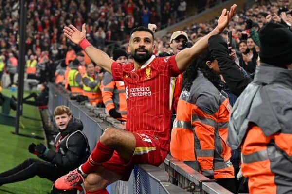 Mohamed Salah of Liverpool celebrating after scoring the second goal during the Premier League match between Liverpool FC and Aston Villa FC at Anfield on November 09, 2024 in Liverpool, England. (Photo by John Powell/Liverpool FC via Getty Images)