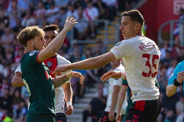 SOUTHAMPTON, ENGLAND - Sunday, May 28, 2023: Liverpool's Harvey Elliott (L) clashes with Southampton's Jan Bednarek during the FA Premier League match between Southampton FC and Liverpool FC at St Mary's Stadium. The game ended in a 4-4 draw. (Pic by David Rawcliffe/Propaganda)