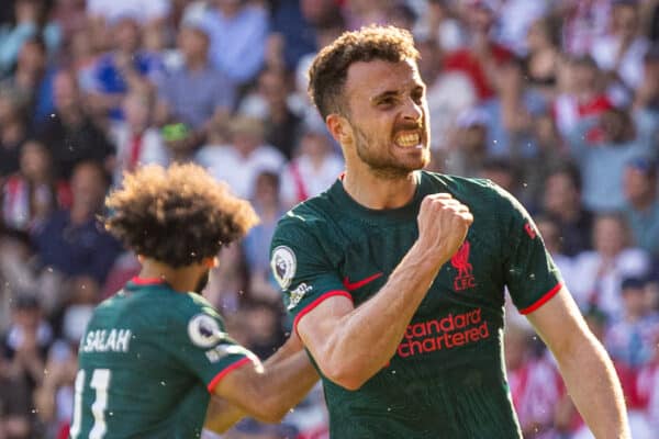 SOUTHAMPTON, ENGLAND - Sunday, May 28, 2023: Liverpool's Diogo Jota celebrates after scoring the fourth goal, to level the score at 4-4, during the FA Premier League match between Southampton FC and Liverpool FC at St Mary's Stadium. (Pic by David Rawcliffe/Propaganda)