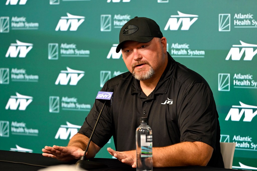 Jets general manager Joe Douglas speaks to the media in Florham Park, NJ. 