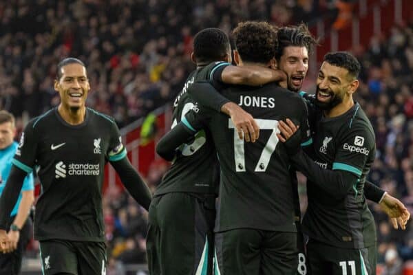 SOUTHAMPTON, ENGLAND - Sunday, November 24, 2024: Liverpool's Dominik Szoboszlai (2nd from R) celebrates with team-mates after scoring the first goal during the FA Premier League match between Southampton FC and Liverpool FC at St Mary's Stadium. (Photo by David Rawcliffe/Propaganda)