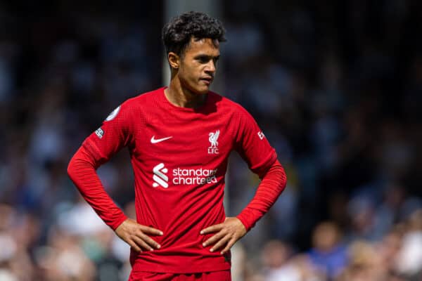 LONDON, ENGLAND - Saturday, August 6, 2022: Liverpool's Fábio Carvalho during the FA Premier League match between Fulham FC and Liverpool FC at Craven Cottage. The game ended in a 2-2 draw. (Pic by David Rawcliffe/Propaganda)