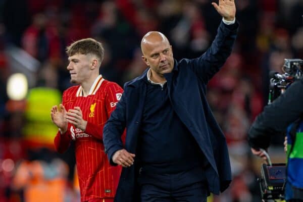 LIVERPOOL, ENGLAND - Wednesday, November 27, 2024: Liverpool's Conor Bradley (L) and head coach Arne Slot after the UEFA Champions League game between Liverpool FC and Real Madrid CF at Anfield. (Photo by David Rawcliffe/Propaganda)