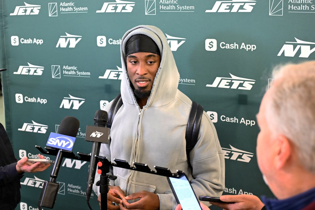 Jets running back Breece Hall speaks to the media after practice in Florham Park, NJ. 