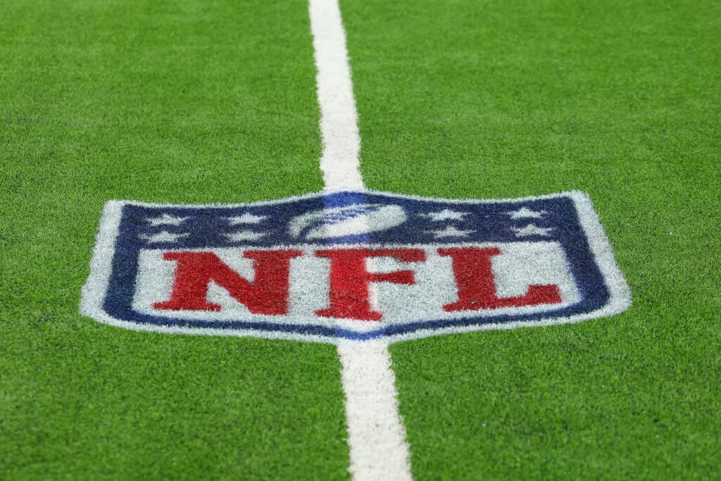 HOUSTON, TEXAS - NOVEMBER 24: An NFL logo is seen on the field prior to a game between the Houston Texans and the Tennessee Titans at NRG Stadium on November 24, 2024 in Houston, Texas. 