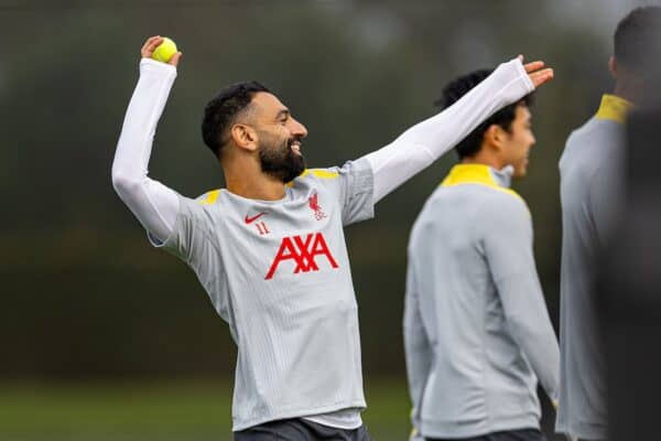 LIVERPOOL, ENGLAND - Tuesday, October 1, 2024: Liverpool's Mohamed Salah throws a tennis ball during a training session at the AXA Training Centre ahead of the UEFA Champions League match between Liverpool FC and Bologna FC. (Photo by David Rawcliffe/Propaganda)