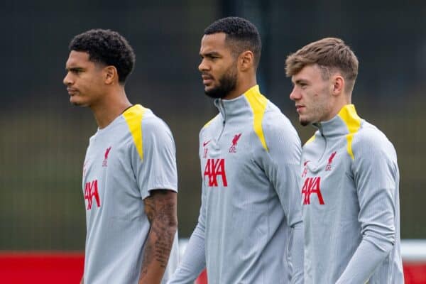 LIVERPOOL, ENGLAND - Monday, September 16, 2024: Liverpool's (L-R) Jarell Quansah, Cody Gakpo and Conor Bradley during a training session at the AXA Training Centre ahead of the UEFA Champions League match between AC Milan and Liverpool FC. (Photo by Jon Super/Propaganda)