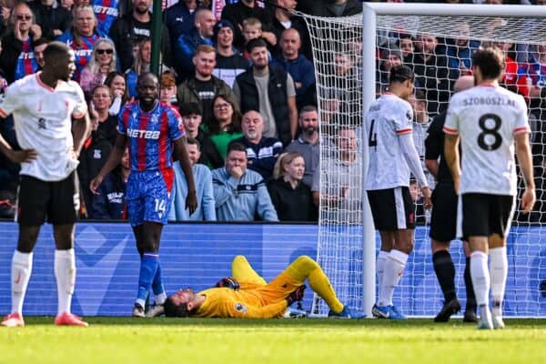 LONDON, ENGLAND - Saturday, October 5, 2024: Liverpool's goalkeeper Alisson Becker goes down with an injury during the FA Premier League match between Crystal Palace FC and Liverpool FC at Selhurst Park. (Photo by David Rawcliffe/Propaganda)