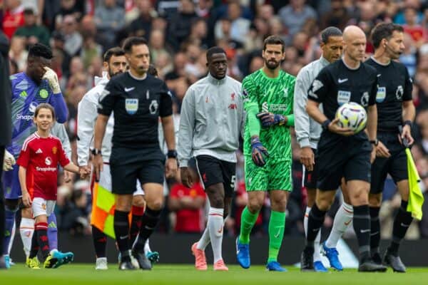 MANCHESTER, ENGLAND - Sunday, September 1, 2024: Liverpool's goalkeeper Alisson Becker walks out before the FA Premier League match between Manchester United FC and Liverpool FC at Old Trafford. Liverpool won 3-0. (Photo by David Rawcliffe/Propaganda)