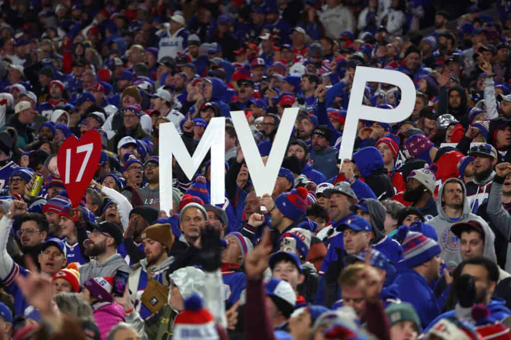 ORCHARD PARK, NEW YORK - NOVEMBER 17: Buffalo Bills fans hold signs cheering for Josh Allen #17 to be MVP of the NFL during the second half against the Kansas City Chiefs at Highmark Stadium on November 17, 2024 in Orchard Park, New York.