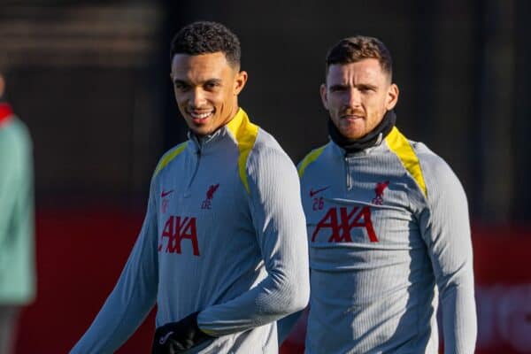 LIVERPOOL, ENGLAND - Tuesday, November 26, 2024: Liverpool's Trent Alexander-Arnold (L) and Andy Robertson during a training session at the AXA Training Centre ahead of the UEFA Champions League match between Liverpool FC and Real Madrid CF. (Photo by David Rawcliffe/Propaganda)