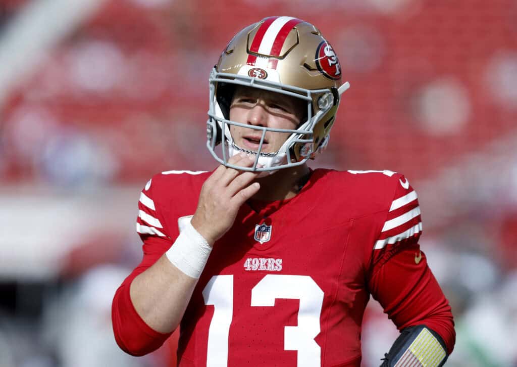 SANTA CLARA, CALIFORNIA - NOVEMBER 17: Brock Purdy #13 of the San Francisco 49ers looks on during warmups before a game against the Seattle Seahawks at Levi's Stadium on November 17, 2024 in Santa Clara, California.