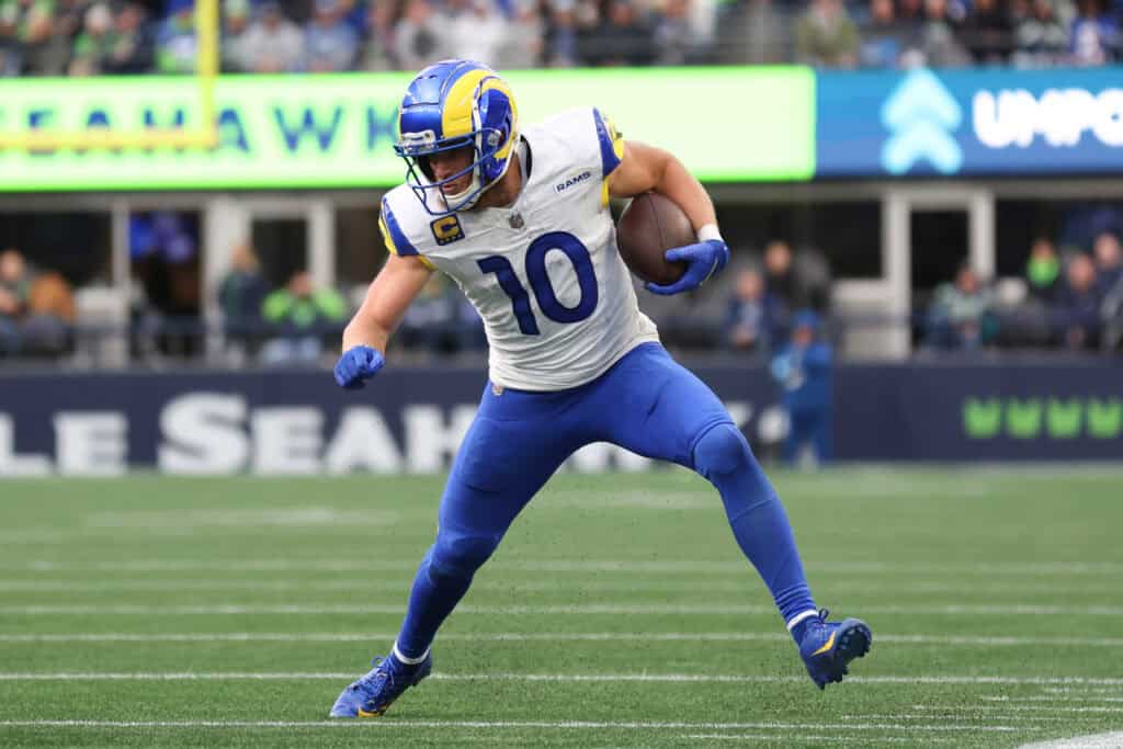 SEATTLE, WASHINGTON - NOVEMBER 03: Cooper Kupp #10 of the Los Angeles Rams runs with the ball during the third quarter of a game against the Seattle Seahawks at Lumen Field on November 03, 2024 in Seattle, Washington. 