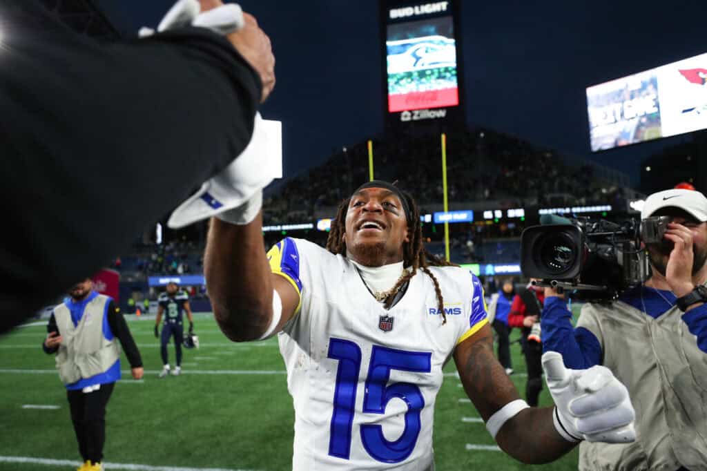 SEATTLE, WASHINGTON - NOVEMBER 03: Demarcus Robinson #15 of the Los Angeles Rams celebrates catching the game-winning touchdown to beat the Seattle Seahawks 26-20 in overtime at Lumen Field on November 03, 2024 in Seattle, Washington.