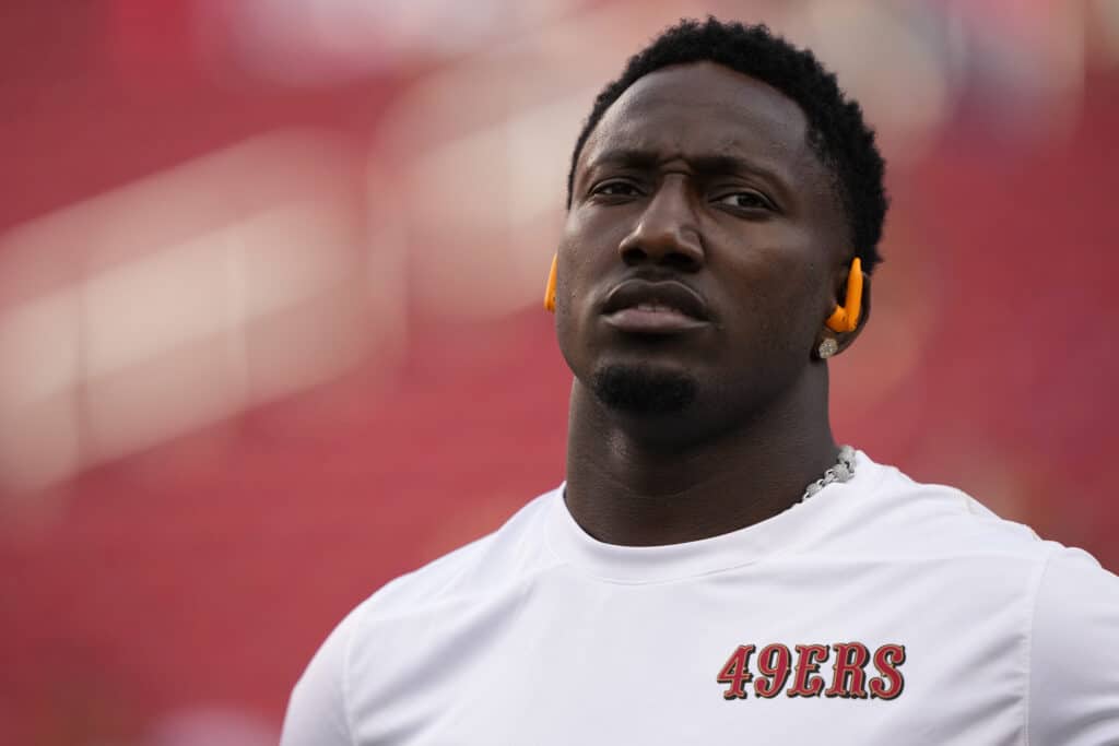 Deebo Samuel Sr. #1 of the San Francisco 49ers warms up prior to a game against the Dallas Cowboys SANTA CLARA, CALIFORNIA - OCTOBER 27: at Levi's Stadium on October 27, 2024 in Santa Clara, California