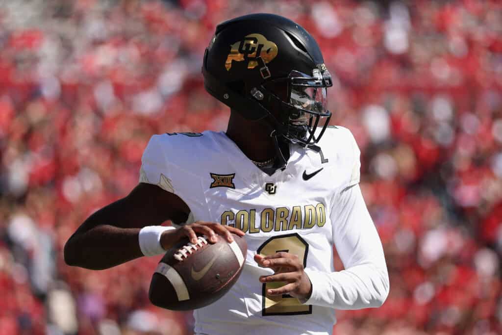 TUCSON, ARIZONA - OCTOBER 19: Quarterback Shedeur Sanders #2 of the Colorado Buffaloes during the NCAAF game at Arizona Stadium on October 19, 2024 in Tucson, Arizona. The Buffalos defeated the Wildcats 34-7.