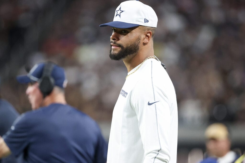 LAS VEGAS, NEVADA - AUGUST 17: Dak Prescott #4 of the Dallas Cowboys looks on during the fourth quarter against the Las Vegas Raiders during a preseason game at Allegiant Stadium on August 17, 2024 in Las Vegas, Nevada.