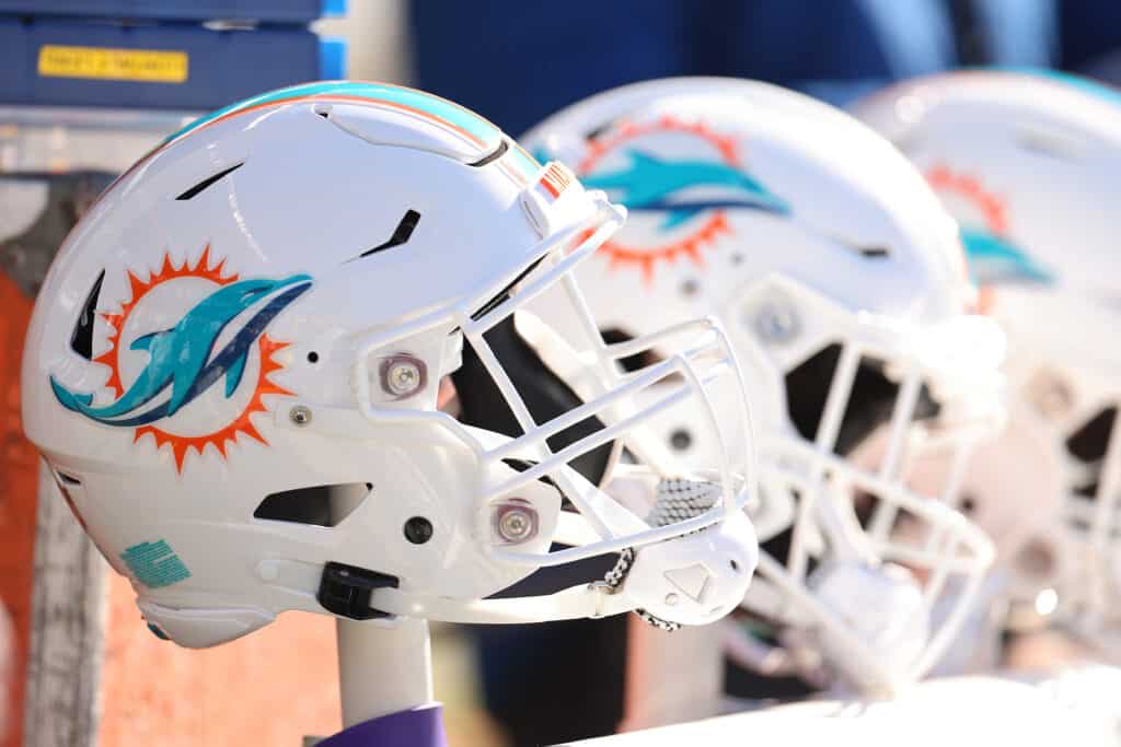 A detail of a Miami Dolphins helmet prior to the game against the Chicago Bears at Soldier Field on November 06, 2022 in Chicago, Illinois