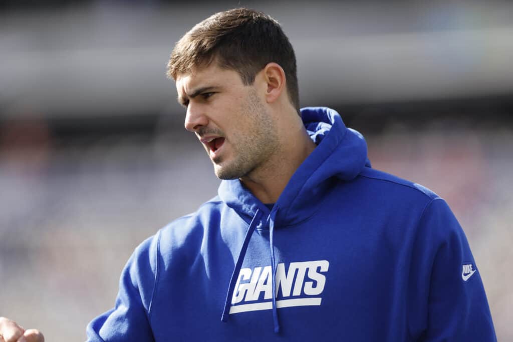 EAST RUTHERFORD, NEW JERSEY - OCTOBER 22: Daniel Jones #8 of the New York Giants looks on before the game against the Washington Commanders at MetLife Stadium on October 22, 2023 in East Rutherford, New Jersey.