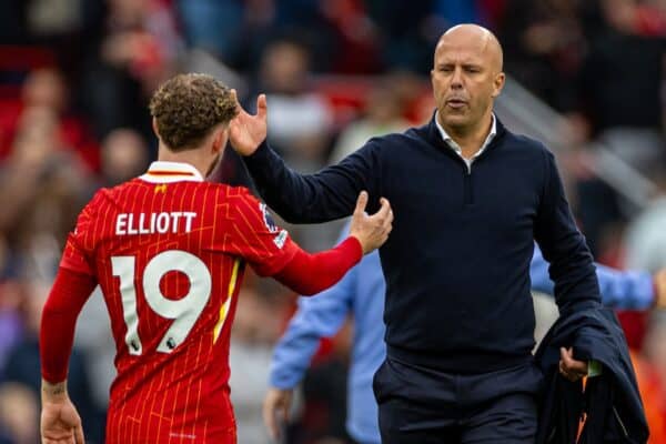 LIVERPOOL, ENGLAND - Sunday, August 25, 2024: Liverpool's head coach Arne Slot (R) and Harvey Elliott after the FA Premier League match between Liverpool FC and Brentford FC at Anfield. Liverpool won 2-0. (Photo by David Rawcliffe/Propaganda)