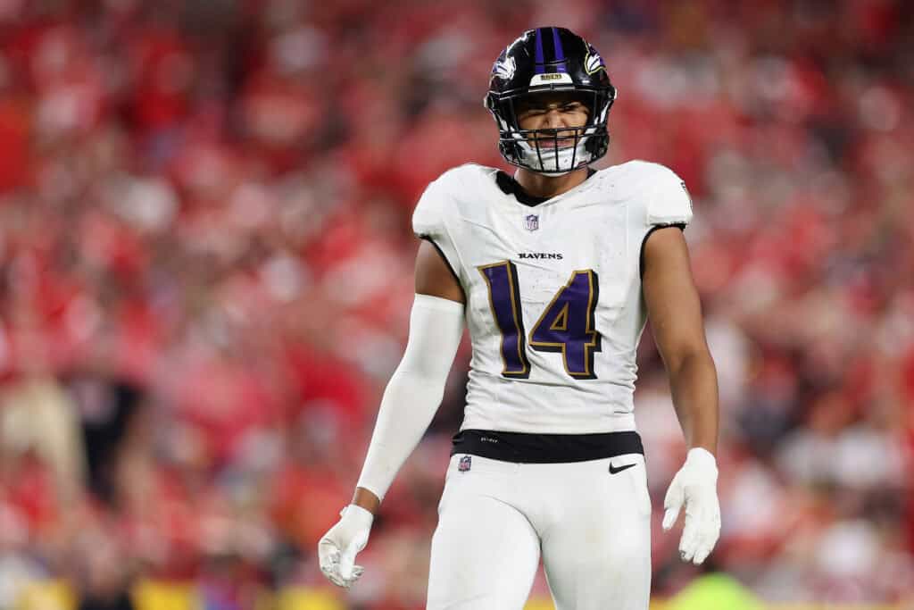 KANSAS CITY, MISSOURI - SEPTEMBER 05: Safety Kyle Hamilton #14 of the Baltimore Ravens during the NFL game at GEHA Field at Arrowhead Stadium on September 05, 2024 in Kansas City, Missouri. The Chiefs defeated the Ravens 27-20.