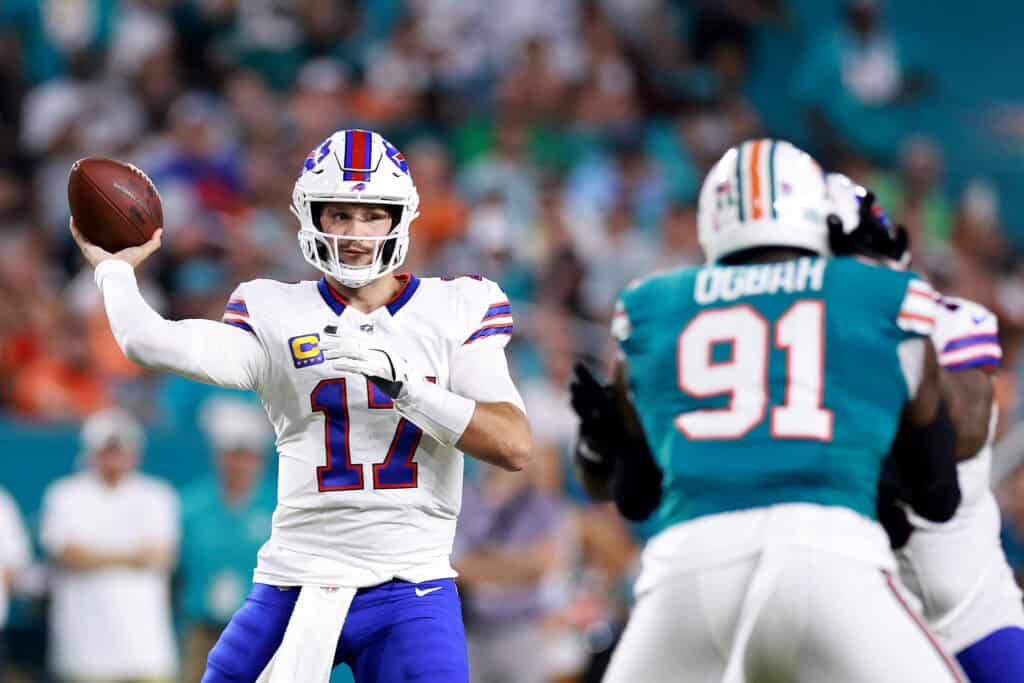 MIAMI GARDENS, FLORIDA - SEPTEMBER 12: Josh Allen #17 of the Buffalo Bills throws a pass against the Miami Dolphins during the first quarter in the game at Hard Rock Stadium on September 12, 2024 in Miami Gardens, Florida.