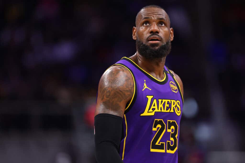 DETROIT, MICHIGAN - NOVEMBER 04: LeBron James #23 of the Los Angeles Lakers looks on against the Detroit Pistons during the second quarter at Little Caesars Arena on November 04, 2024 in Detroit, Michigan. NOTE TO USER: User expressly acknowledges and agrees that, by downloading and/or using this photograph, user is consenting to the terms and conditions of the Getty Images License Agreement.