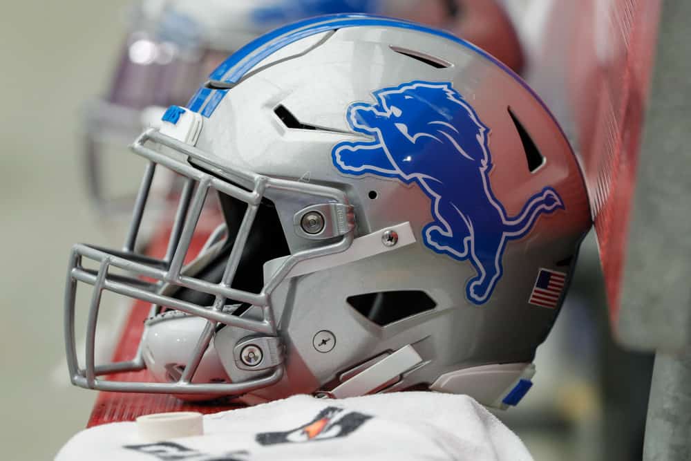 A detailed view of a Detroit Lions helmet during the NFL football game between the Detroit Lions and the Arizona Cardinals on September 8, 2019 at State Farm Stadium in Glendale, Arizona.