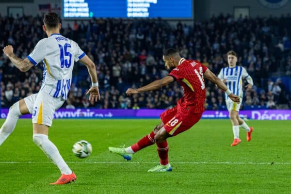 BRIGHTON & HOVE, ENGLAND - Wednesday, October 30, 2024: Liverpool's Cody Gakpo scores the opening goal during the Football League Cup 4th Round match between Brighton & Hove Albion FC and Liverpool FC at the AMEX Community Stadium. (Photo by David Rawcliffe/Propaganda)