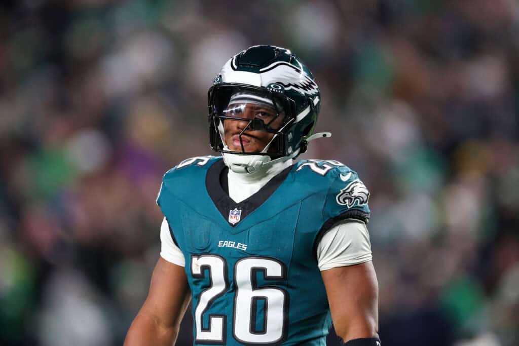 PHILADELPHIA, PENNSYLVANIA - NOVEMBER 14: Saquon Barkley #26 of the Philadelphia Eagles looks on during the second quarter against the Washington Commanders at Lincoln Financial Field on November 14, 2024 in Philadelphia, Pennsylvania.