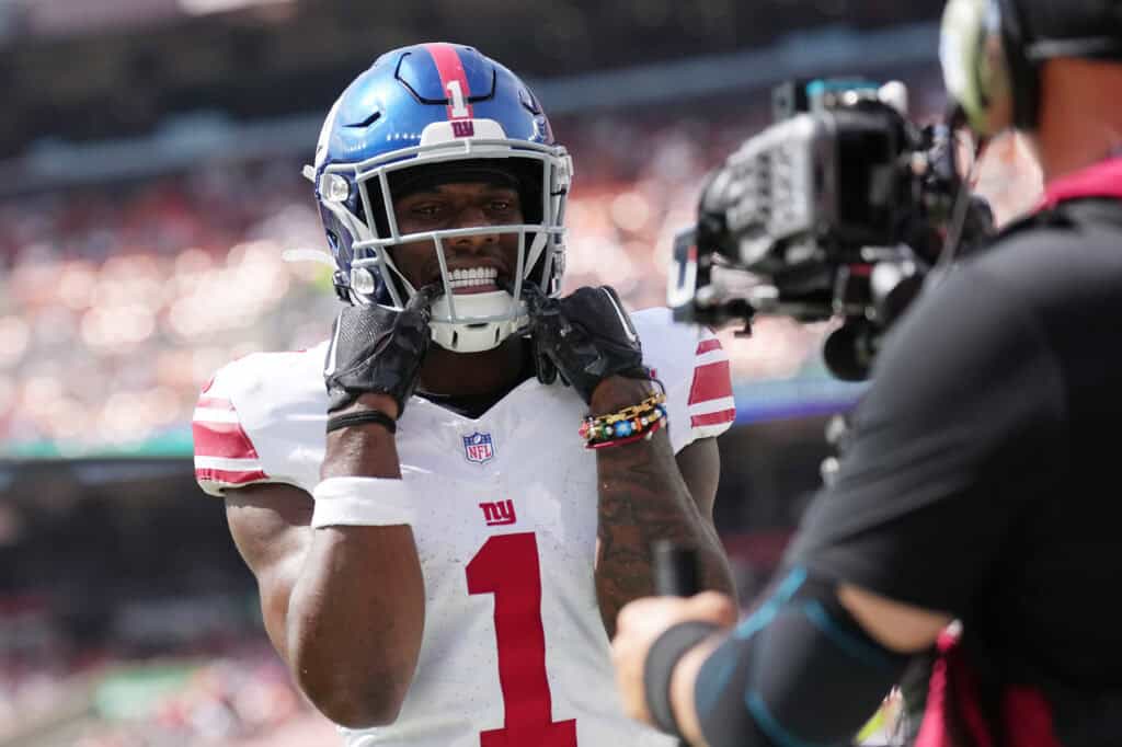 CLEVELAND, OHIO - SEPTEMBER 22: Malik Nabers #1 of the New York Giants celebrates after his touchdown reception against the Cleveland Browns during the second quarter at Cleveland Browns Stadium on September 22, 2024 in Cleveland, Ohio.