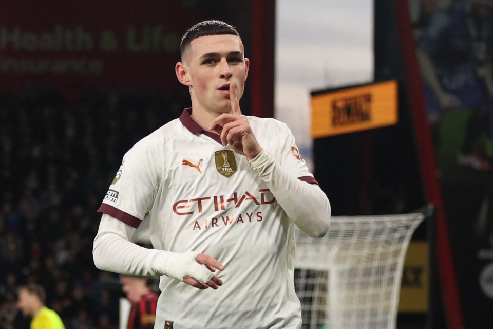 Phil Foden celebrates after scoring the opening goal  against Bournemouth at the Vitality Stadium in February 2024