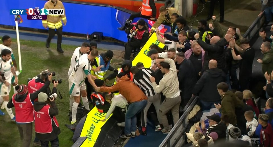 An advertising hoarding collapsed at the away corner at Selhurst Park