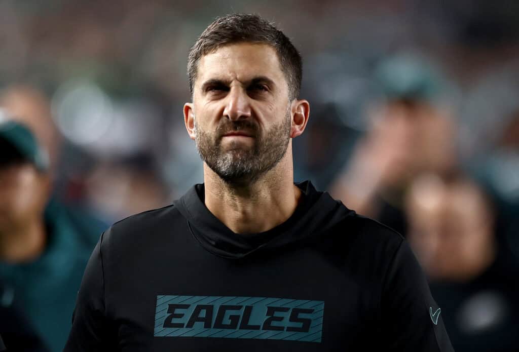 PHILADELPHIA, PENNSYLVANIA - SEPTEMBER 16: Head coach Nick Sirianni of the Philadelphia Eagles walks off the field against the Atlanta Falcons at the end of the first half in the game at Lincoln Financial Field on September 16, 2024 in Philadelphia, Pennsylvania.