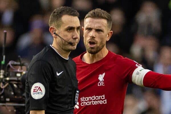 BRIGHTON & HOVE, ENGLAND - Sunday, January 29, 2023: Liverpool's captain Jordan Henderson speaks with referee David Coote after the FA Cup 4th Round match between Brighton & Hove Albion FC and Liverpool FC at the Falmer Stadium. Brighton won 2-1. (Pic by David Rawcliffe/Propaganda)