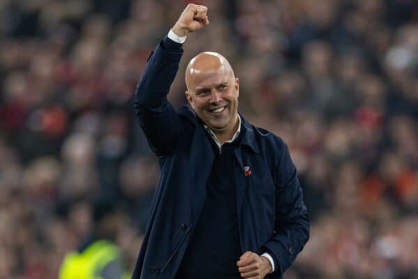 LIVERPOOL, ENGLAND - Saturday, November 9, 2024: Liverpool's head coach Arne Slot celebrates after the FA Premier League match between Liverpool FC and Aston Villa FC at Anfield. Liverpool won 2-0. (Photo by David Rawcliffe/Propaganda)