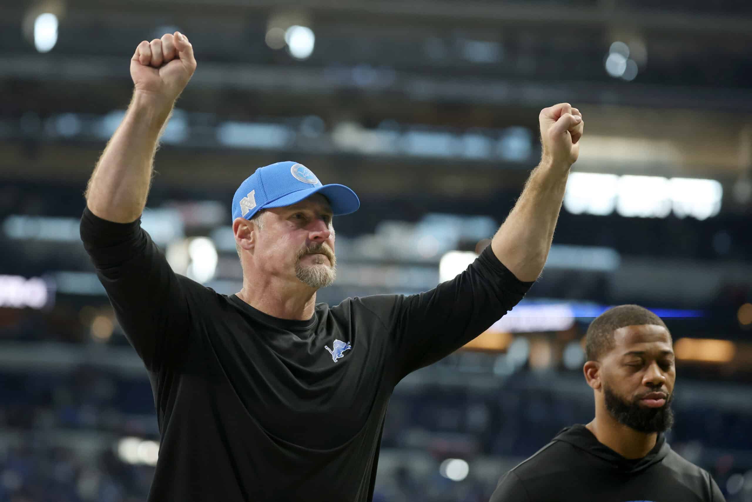 INDIANAPOLIS, INDIANA - NOVEMBER 24: Head coach Dan Campbell of the Detroit Lions reacts after a 24-6 victory against the Indianapolis Colts at Lucas Oil Stadium on November 24, 2024 in Indianapolis, Indiana.