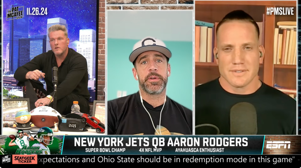 Aaron Rodgers told Pat McAfee and A.J. Hawk that he suspected Joe Douglas could be toast when Jets owner Woody Johnson landed at the team facility in a helicopter during practice.