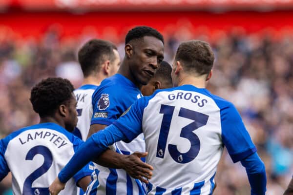 LIVERPOOL, ENGLAND - Sunday, March 31, 2024: Brighton & Hove Albion's Danny Welbeck celebrates after scoring the first goal during the FA Premier League match between Liverpool FC and Brighton & Hove Albion FC at Anfield. (Photo by David Rawcliffe/Propaganda)