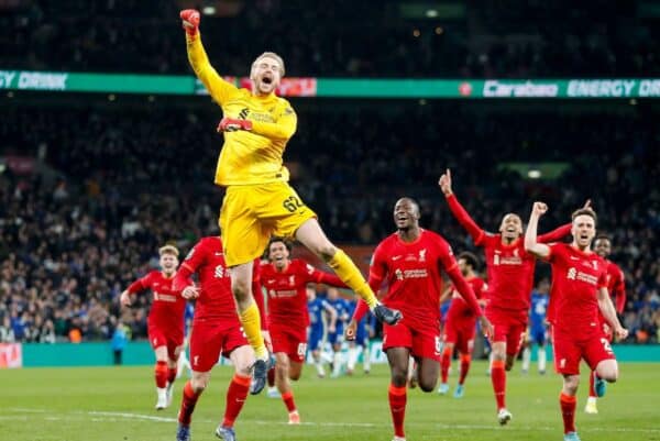 2HT8YJG London, UK. 27th Feb, 2022. Caoimhin Kelleher of Liverpool celebrates after winning the Carabao Cup Final match between Chelsea and Liverpool at Wembley Stadium on February 27th 2022 in London, England. (Photo by Paul Chesterton/phcimages.com) Credit: PHC Images/Alamy Live News