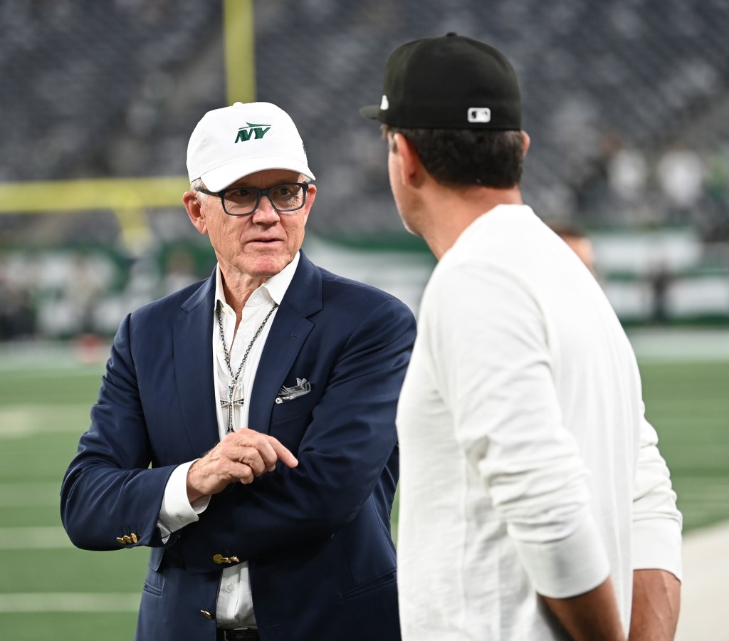 Woody Johnson and Bobby Cannavale attend the New England Patriots vs. the New York Jets game at Met Life Stadium on September 19, 2024